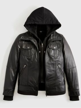 Quince 100% Leather Black Hooded Jacket with Zip Pockets